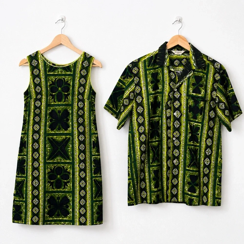 Vintage 60s 70s Hawaiian Honeymoon Set Green Tropical Aloha Barkcloth Matching